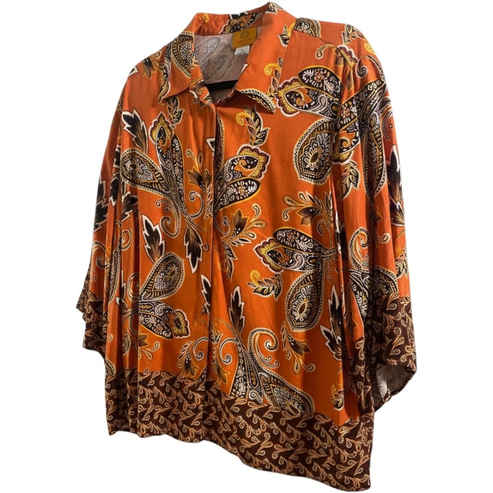 Ruby Rd Button Up Blouse Womens 1X Orange Excellent Paisley 3/4 Sleeve Rayon